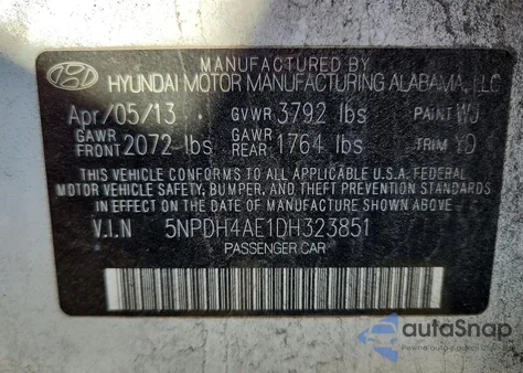 2013 Hyundai Elantra Gls z USA, uszkodzony, nr VIN 5NPDH4AE1DH323851